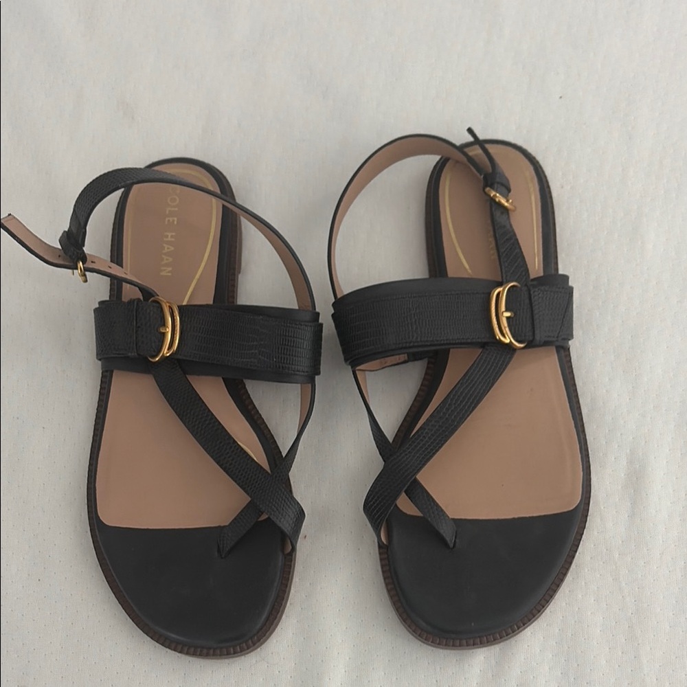 Cole Haan Black Leather Cross-Strap Sandals with Gold Buckles